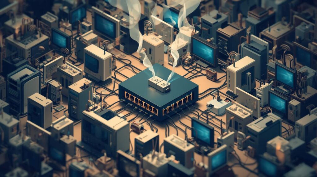 家庭用スイッチングハブに多数の端末が集中し、帯域のボトルネックになっている様子を表現したイラスト。中小企業の社内ネットワークが遅くなる原因を示す図解。