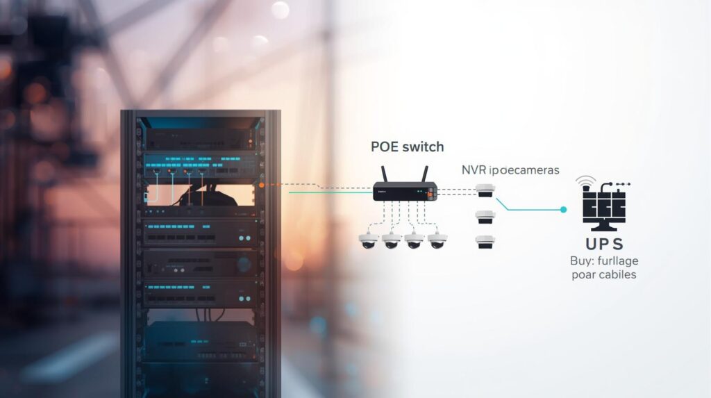 UPSでPoEスイッチとNVRを一括バックアップし複数IPカメラに電源供給する構成と、各カメラが個別電源のアナログ方式を比較した図