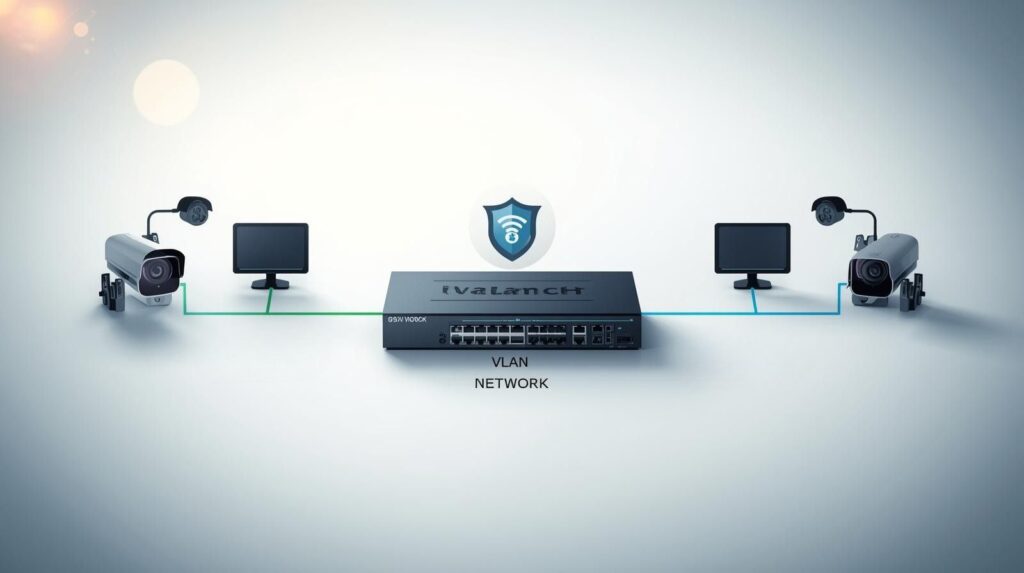 監視カメラ用LANと業務用LANをVLANで分離したネットワーク構成イメージ