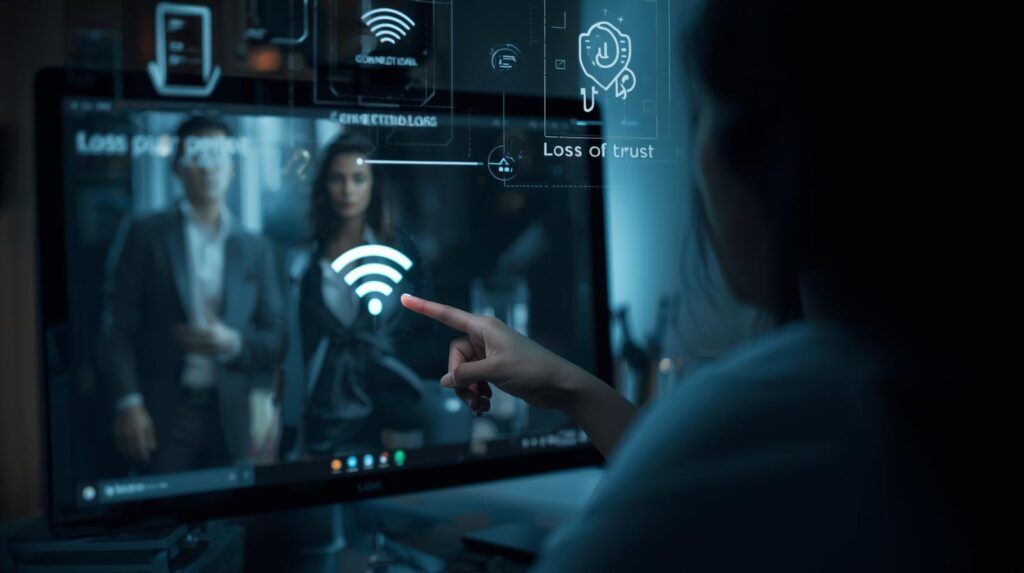 Web会議中のWi-Fi不調:通信の途切れが商談相手に与える不信感と、会社の信頼損失のイメージ