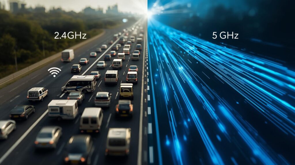 Wi-Fi 2.4GHz(一般道)と5GHz(高速道路)の特性比較イメージ