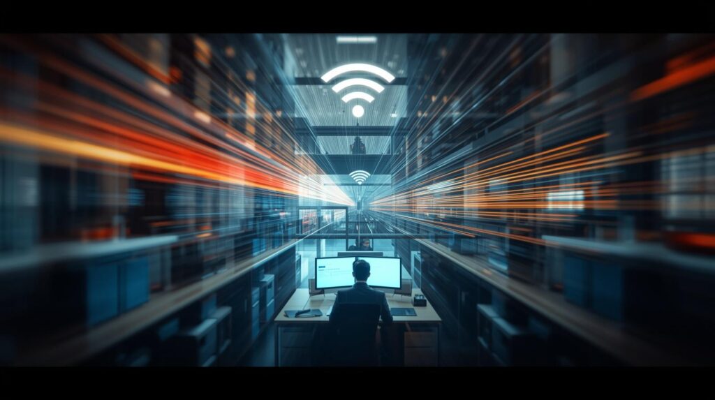 密集したオフィスビルで発生するWi-Fi電波の衝突と混雑の図解